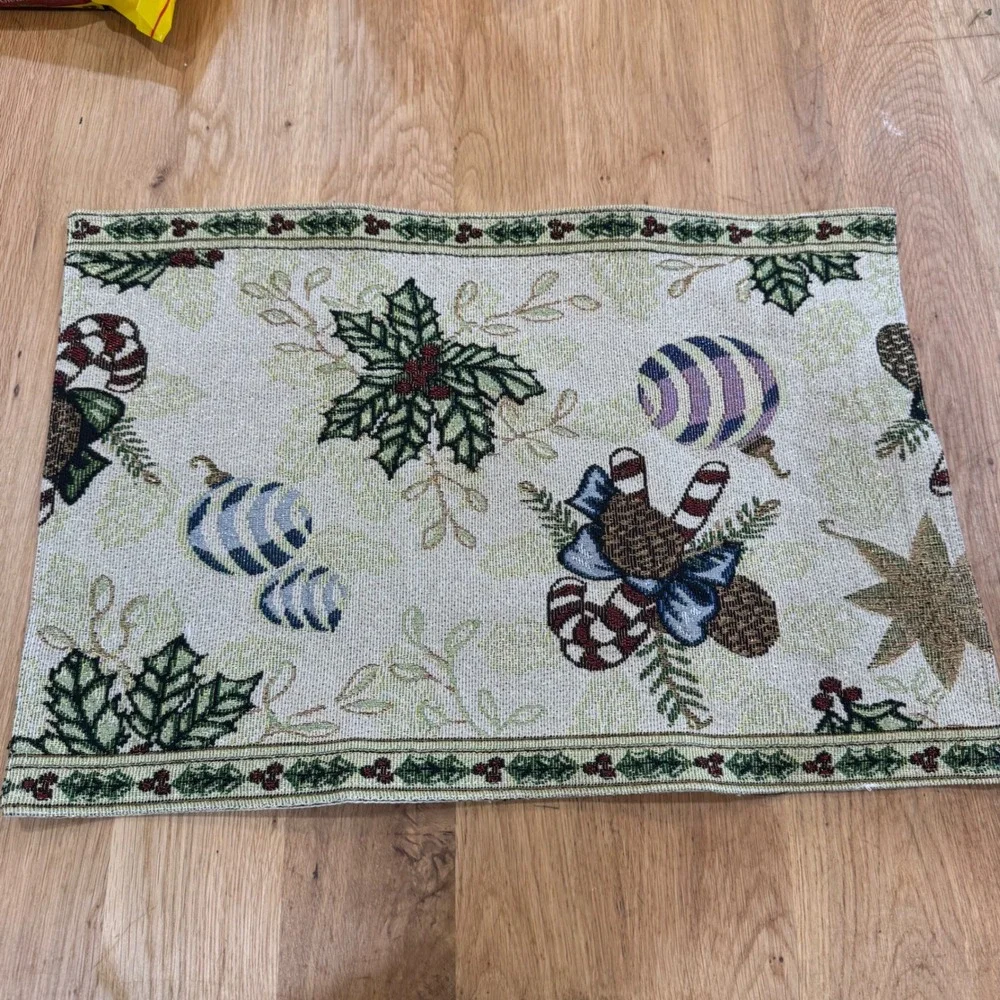 Vintage Christmas Tapestry Placemats Set of 4 Holly Candy Cane Ornament Woven